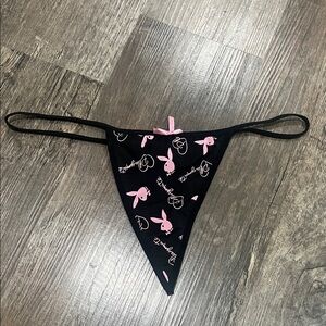 PLAYBOY Black with Pink Bunny Print Triangle Thong
